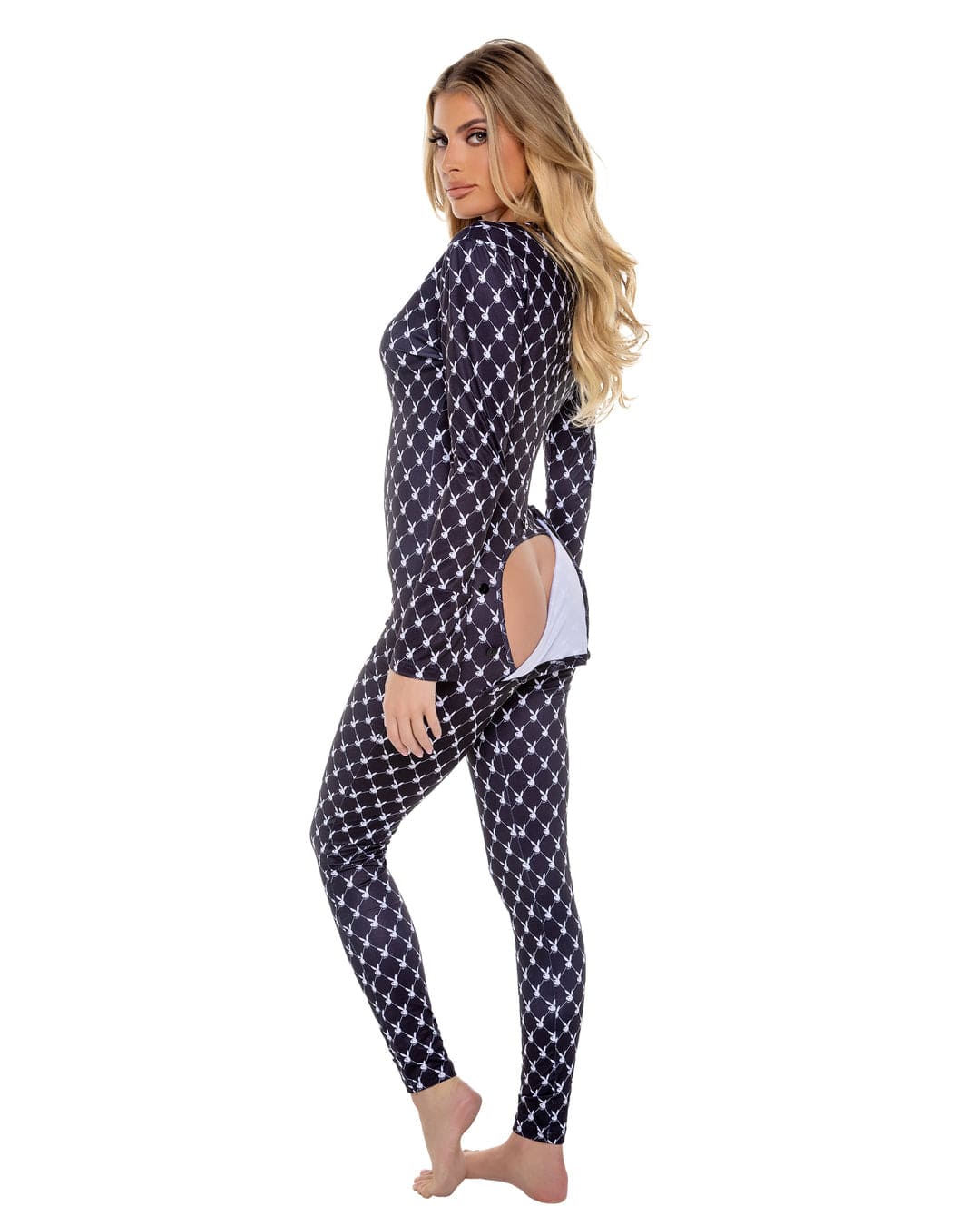 Plus Size Black Playboy Bunny Diamond Print Open Butt Flap Jumpsuit - Image 4