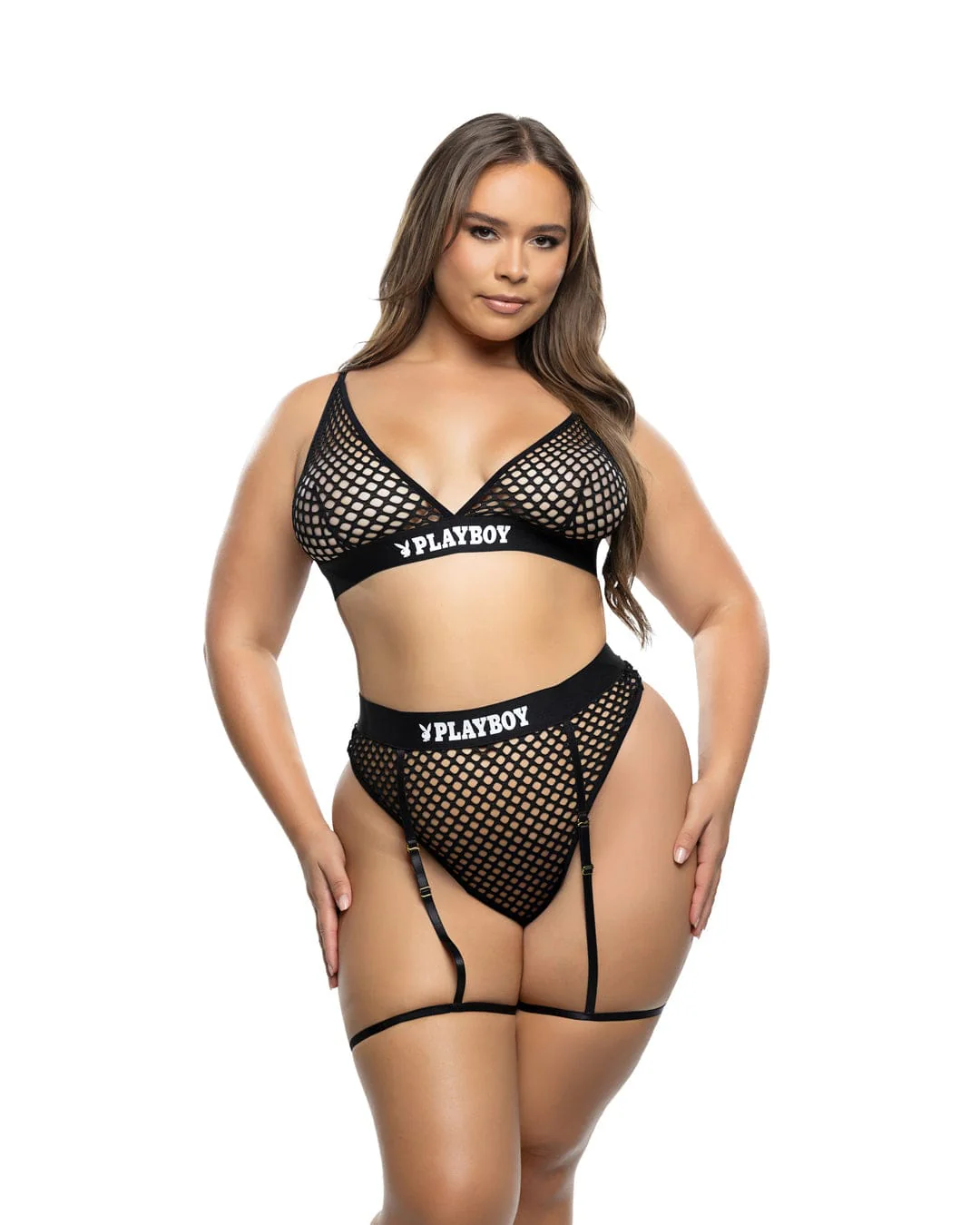 Black Playboy Bunny Erotic Fishnet Bralette & High Waisted Thong Bottom Lingerie - Image 13