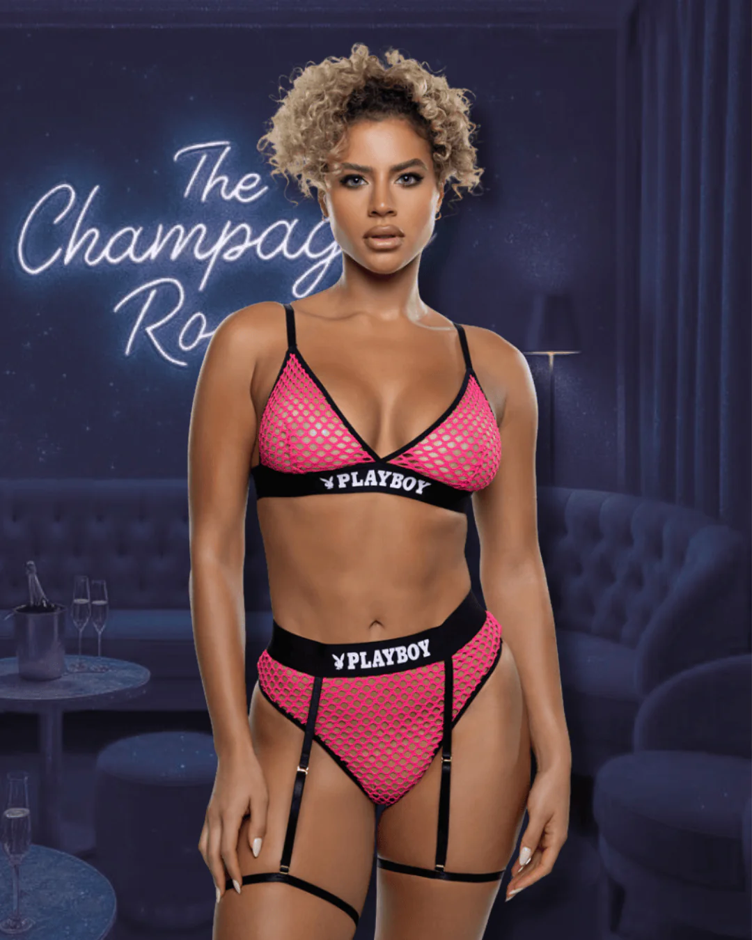Black Playboy Bunny Erotic Fishnet Bralette & High Waisted Thong Bottom Lingerie - Image 3