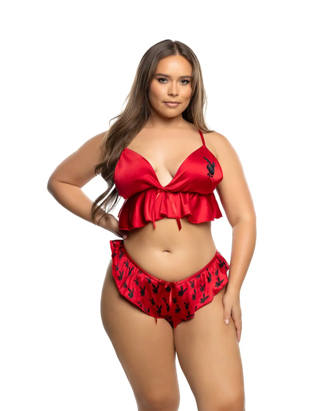 Red Playboy Bunny Flutter Satin Peplum Bralette & Flare Thong Panty Short Lounge Lingerie - Image 13