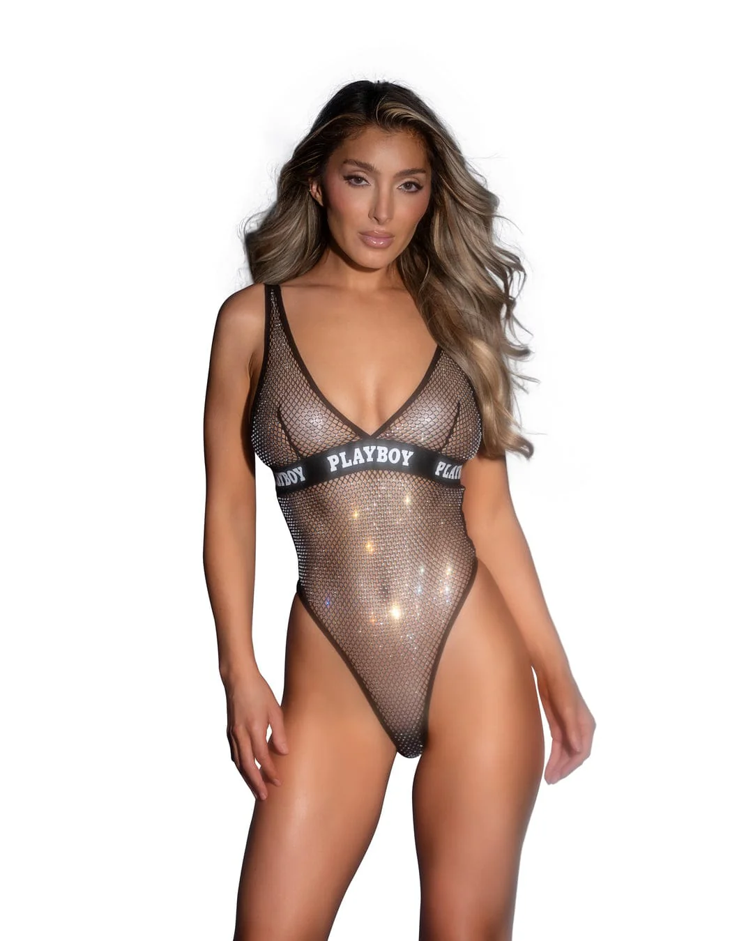 Black Playboy Bunny Galaxy Rhinestone Fishnet Deep Plunge Thong Teddy - Image 9