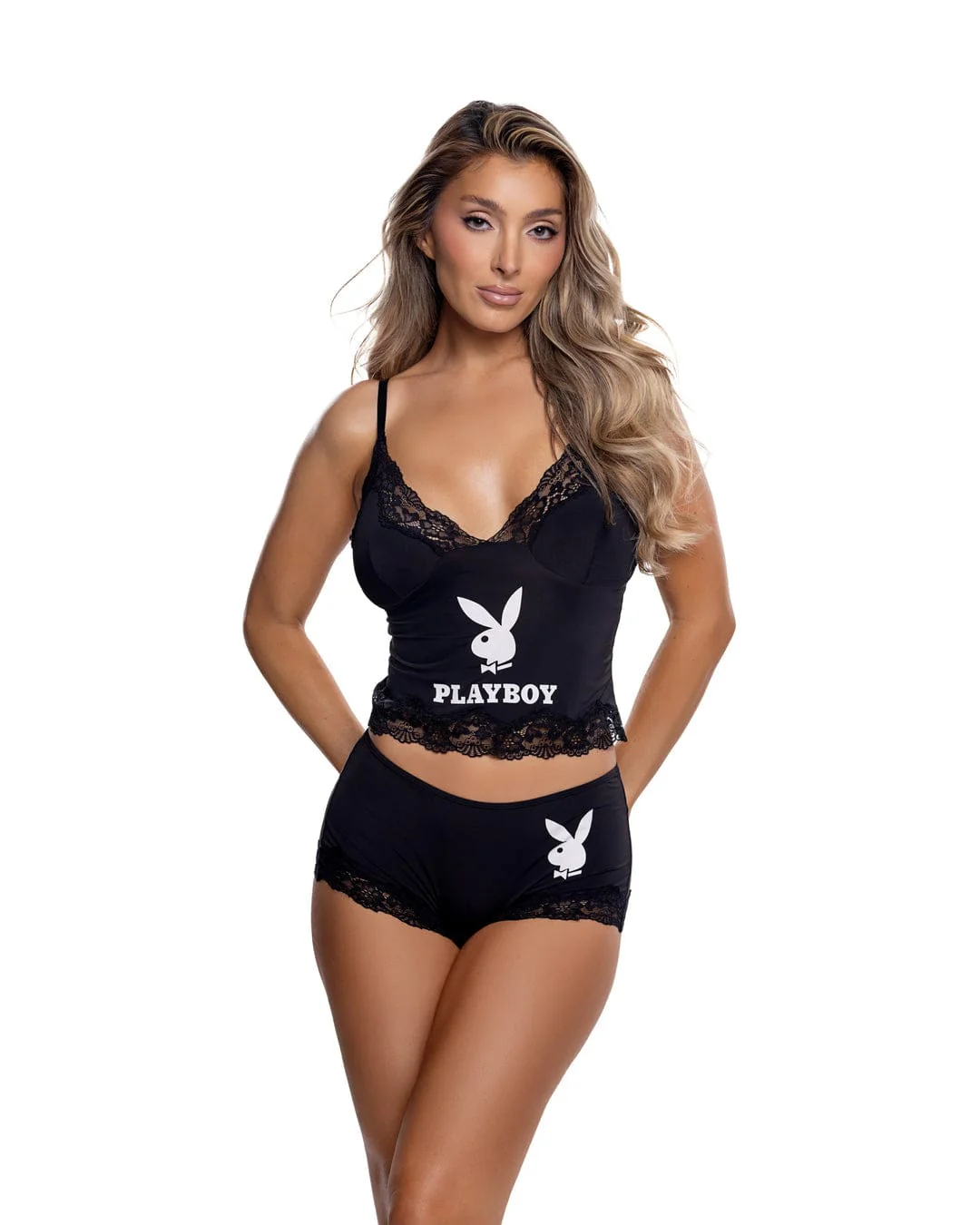 Plus Size Black Playboy Bunny Knit Lace Halter Cami Top & Cheeky Panty Short Lounge Lingerie - Image 3