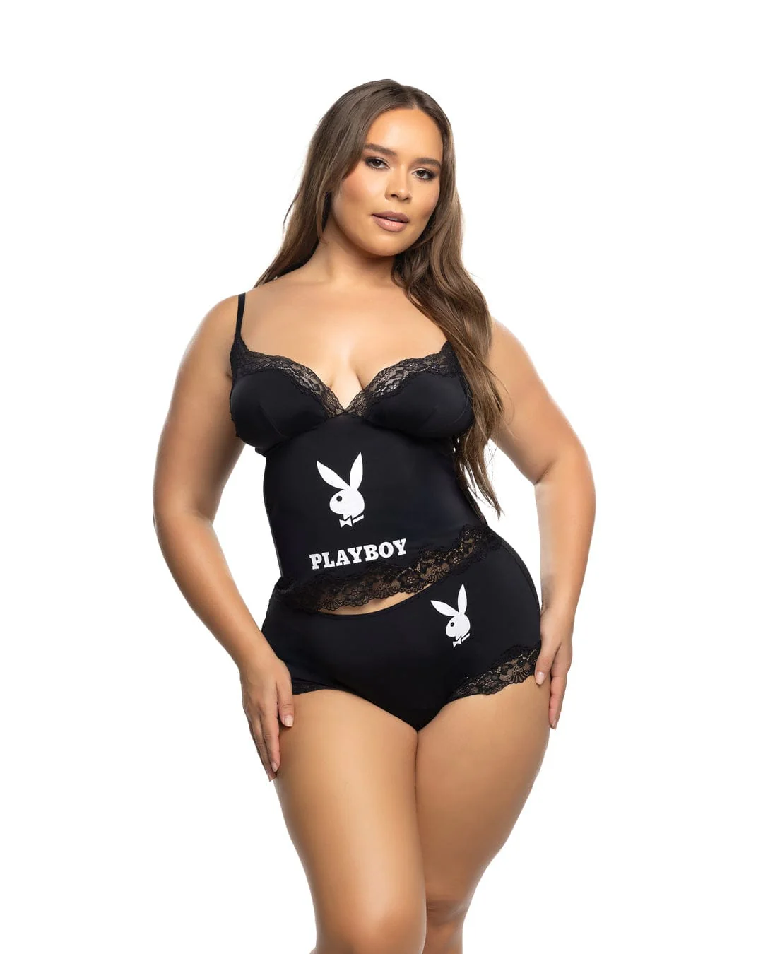 Plus Size Black Playboy Bunny Knit Lace Halter Cami Top & Cheeky Panty Short Lounge Lingerie