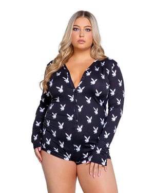 Black Playboy Bunny Print Slumber Romper (Plus Size Available) - Image 3