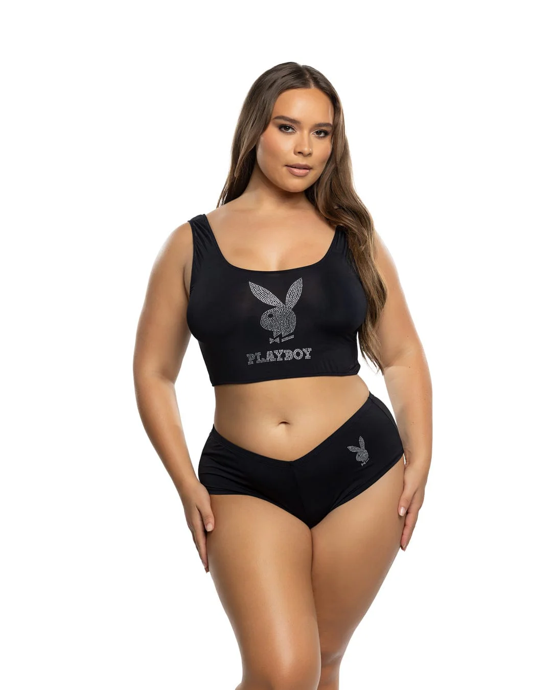 Black Playboy Bunny Rhinestone Crop Tank Top & Mid Rise Cheeky Panty Loungewear (Plus Size Available) - Image 3