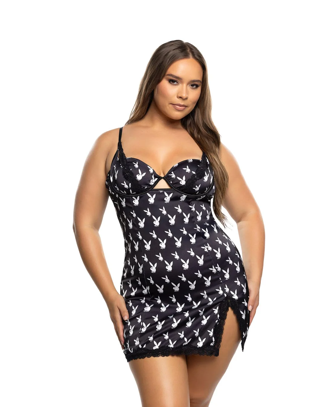 Black Playboy Bunny Satin Floral Lace Underwire Balconette Chemise Babydoll Lounge Lingerie - Image 3