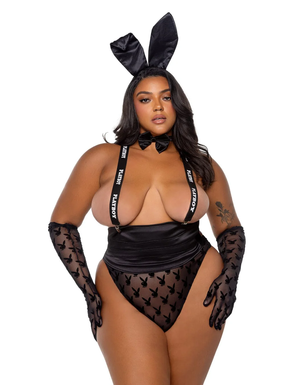 Plus Size Black Playboy Bunny Satin Suspender, Headpiece & Thong Tux Suit Lingerie