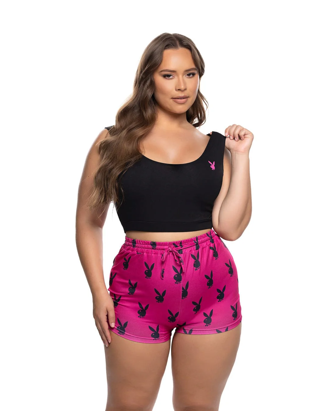Black Playboy Bunny Slumber Knit Crop Tank Top & Pink High Waisted Short Loungewear (Plus Size Available) - Image 7
