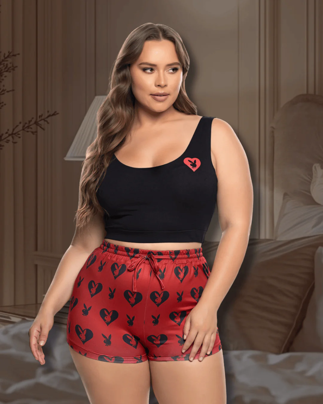 Plus Size Black Playboy Bunny Sweetheart Knit Crop Tank Top & Red High Waisted Short Loungewear