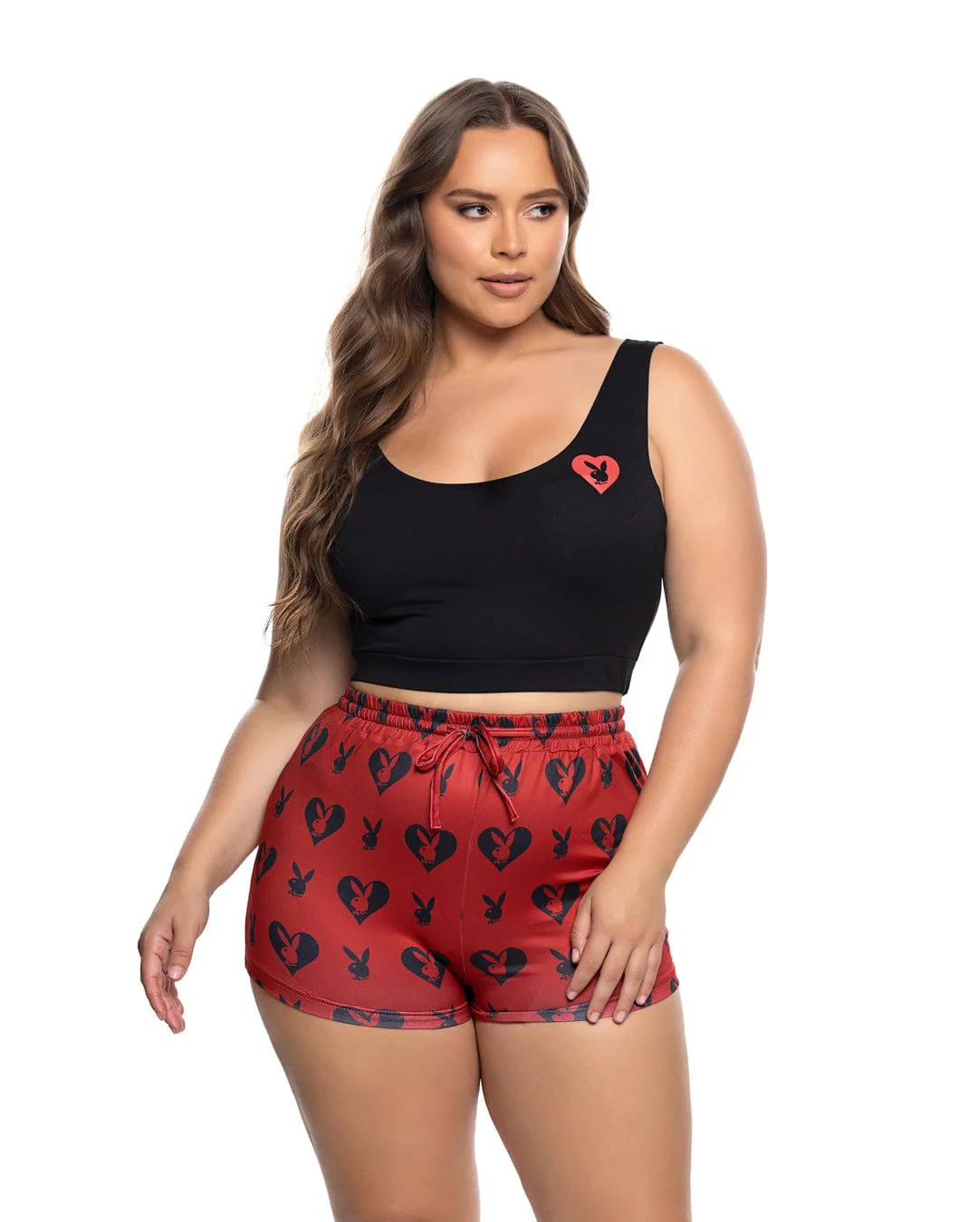 Plus Size Black Playboy Bunny Sweetheart Knit Crop Tank Top & Red High Waisted Short Loungewear - Image 5