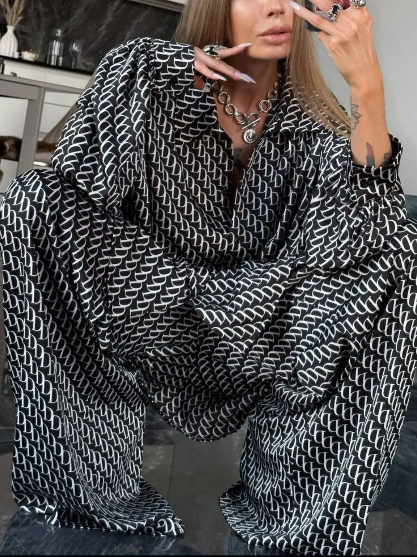 Black Print Button Up Shirt and Pants Outfit Set (Also Plus Size)