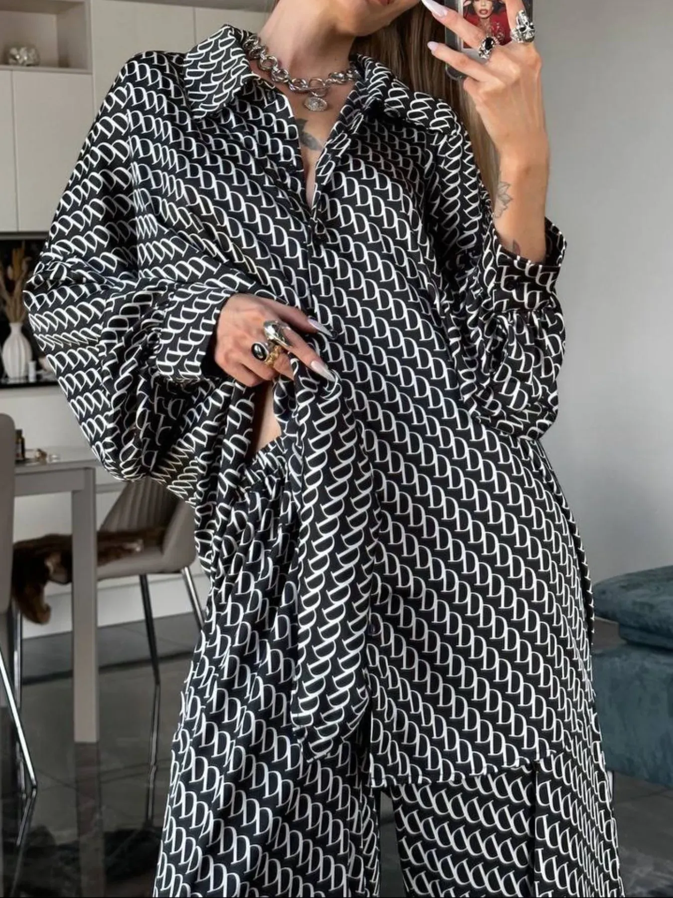 Black Print Button Up Shirt and Pants Outfit Set (Also Plus Size) - Image 2