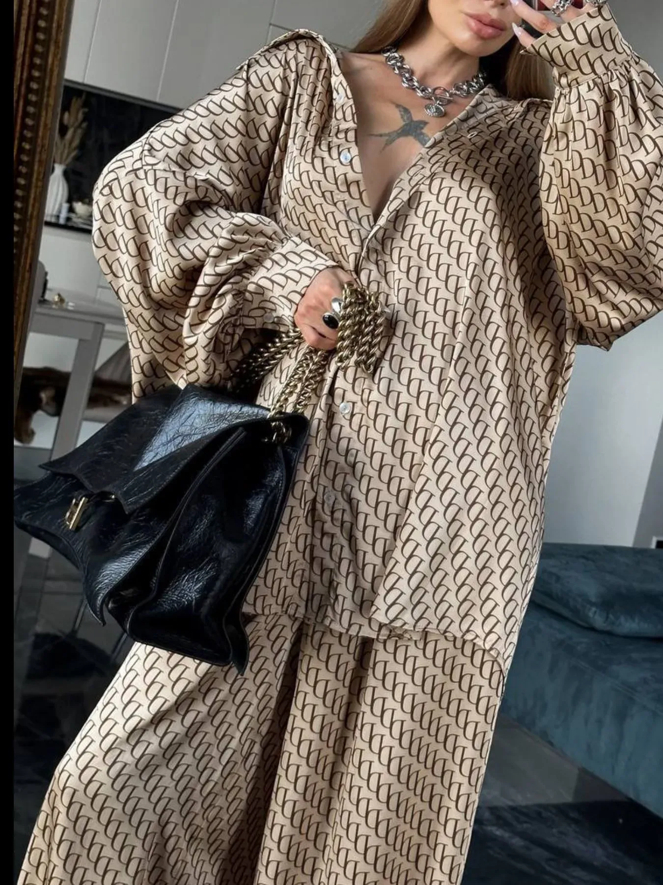Black Print Button Up Shirt and Pants Outfit Set (Also Plus Size) - Image 4