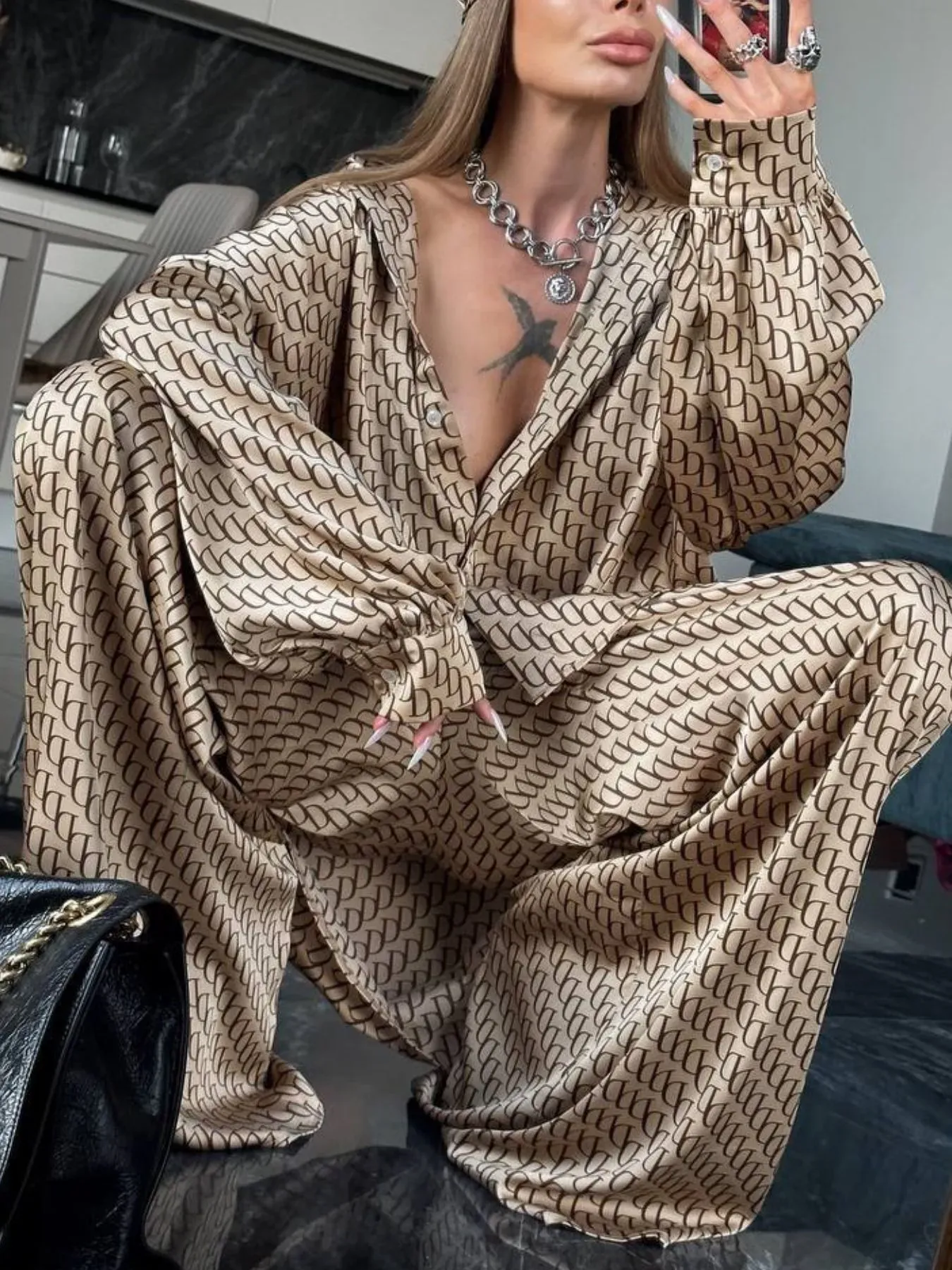 Black Print Button Up Shirt and Pants Outfit Set (Also Plus Size) - Image 5