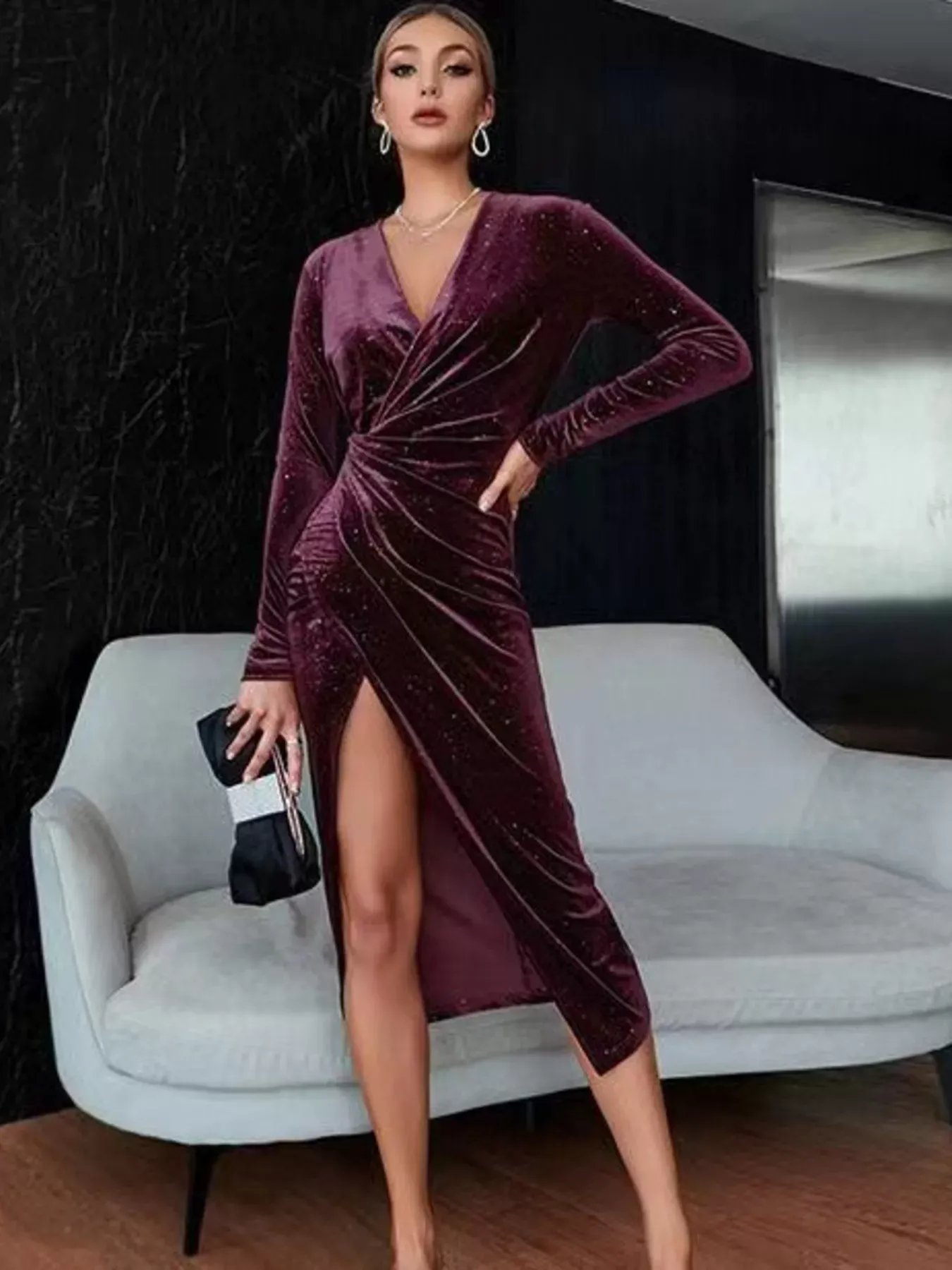 Black Velvet Ruched Slit Midi Dress (Also Plus Size) - Image 13