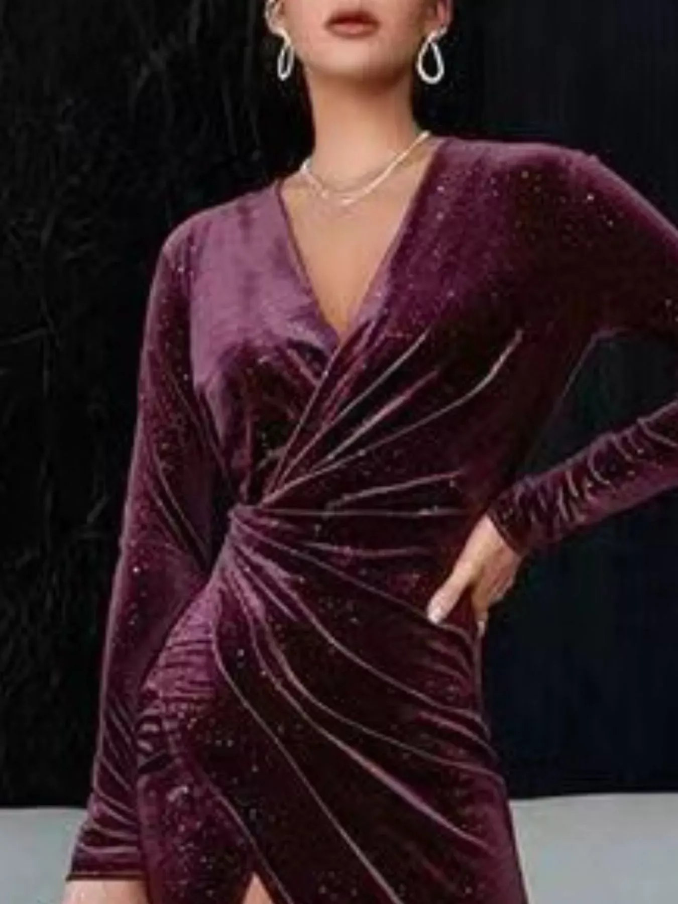 Black Velvet Ruched Slit Midi Dress (Also Plus Size) - Image 14