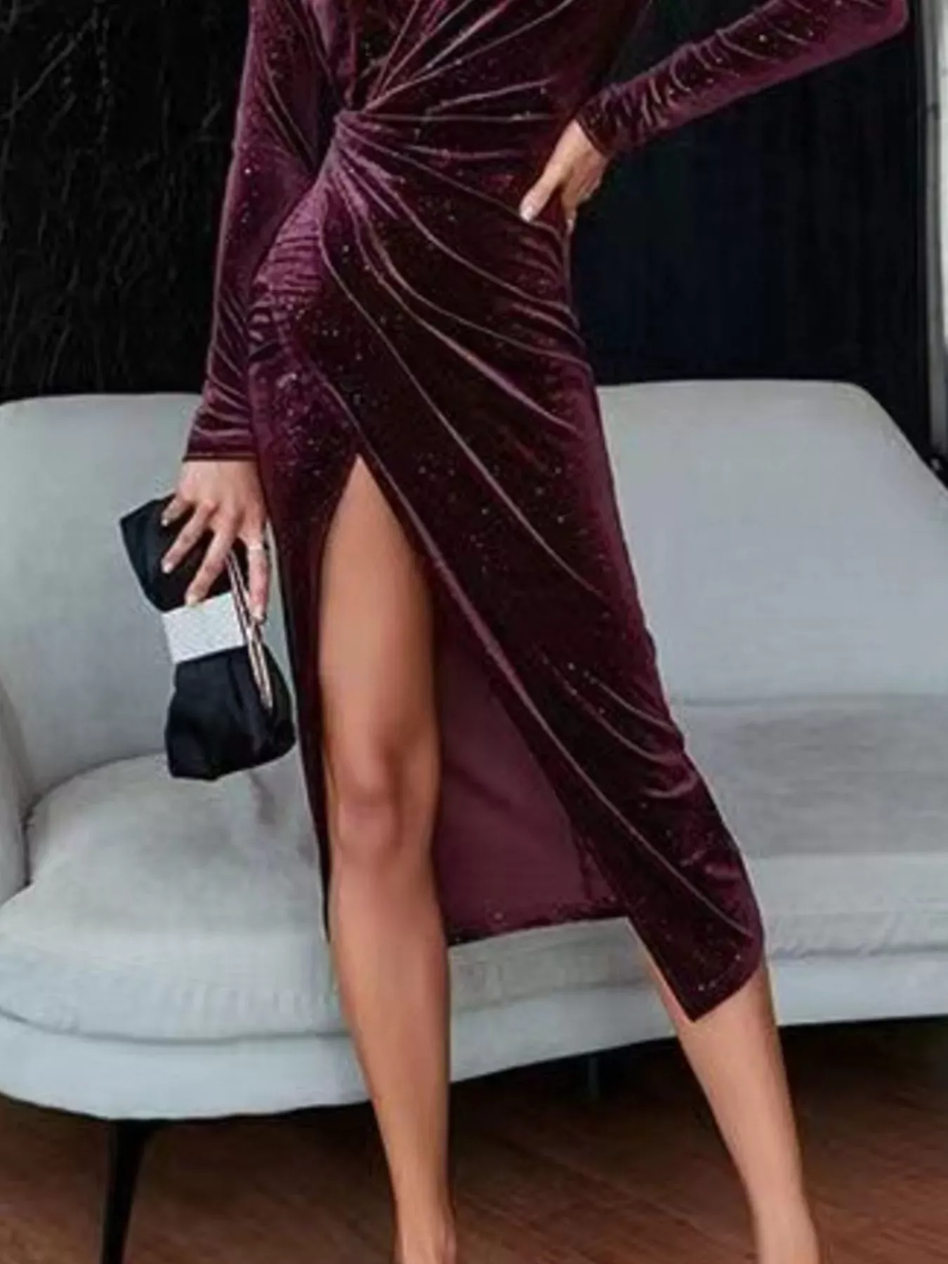 Black Velvet Ruched Slit Midi Dress (Also Plus Size) - Image 15