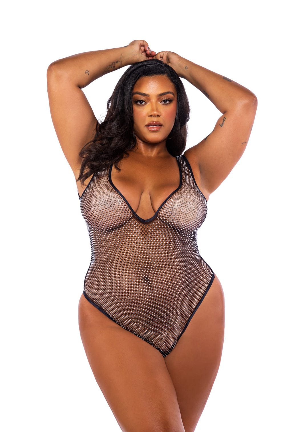 Black Rhinestone Fishnet Plunge Neck Thong Teddy Lingerie - Image 3