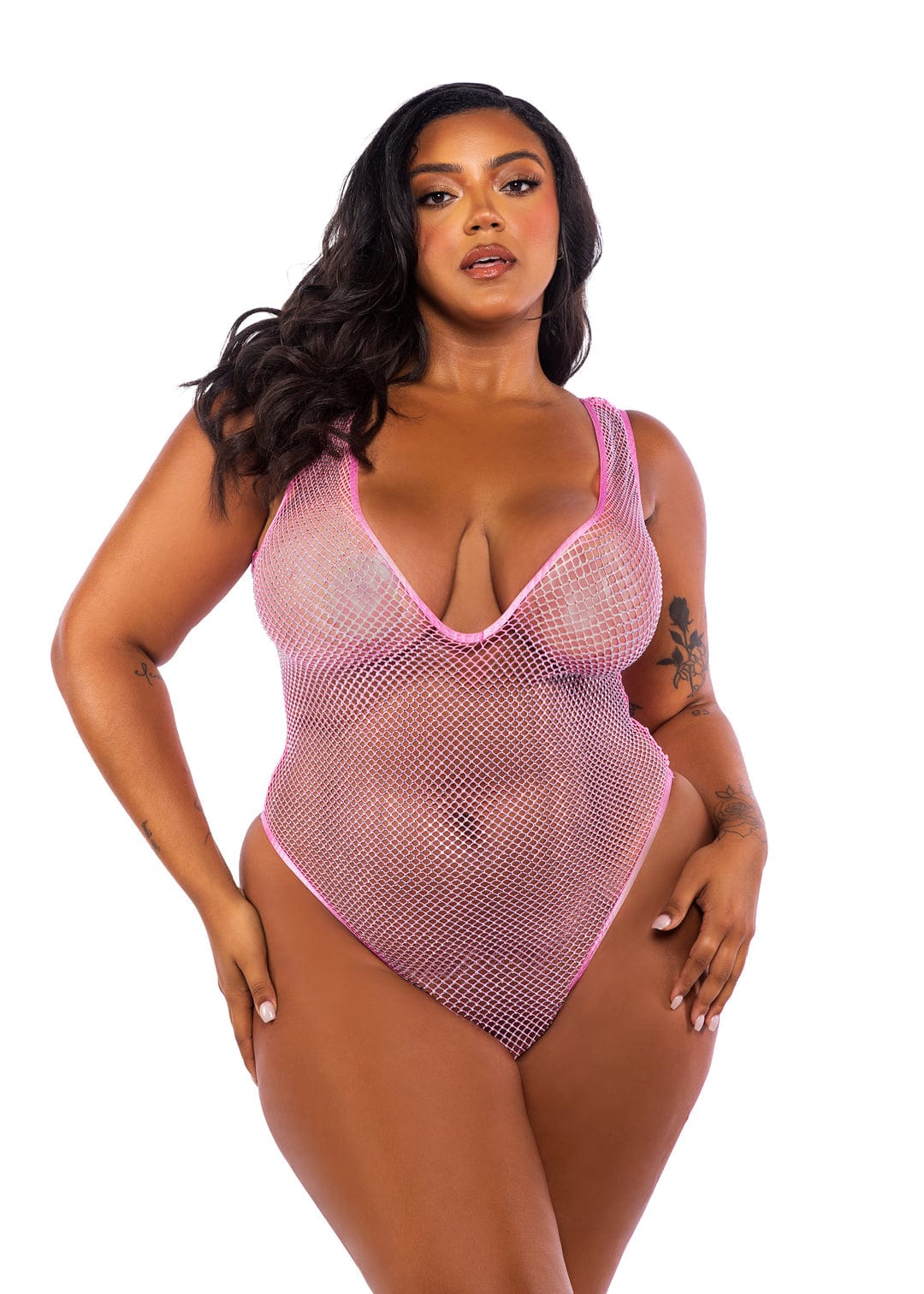 Plus Size Black Crystal Diamond Rhinestone Fishnet Plunge Neck Thong Teddy Lingerie - Image 3