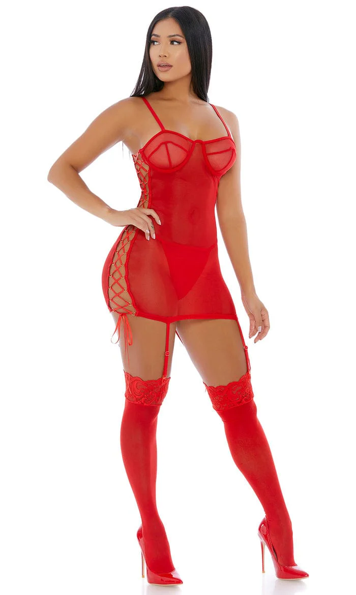 Red Sheer Mesh Ring It On Chemise Set - Image 4