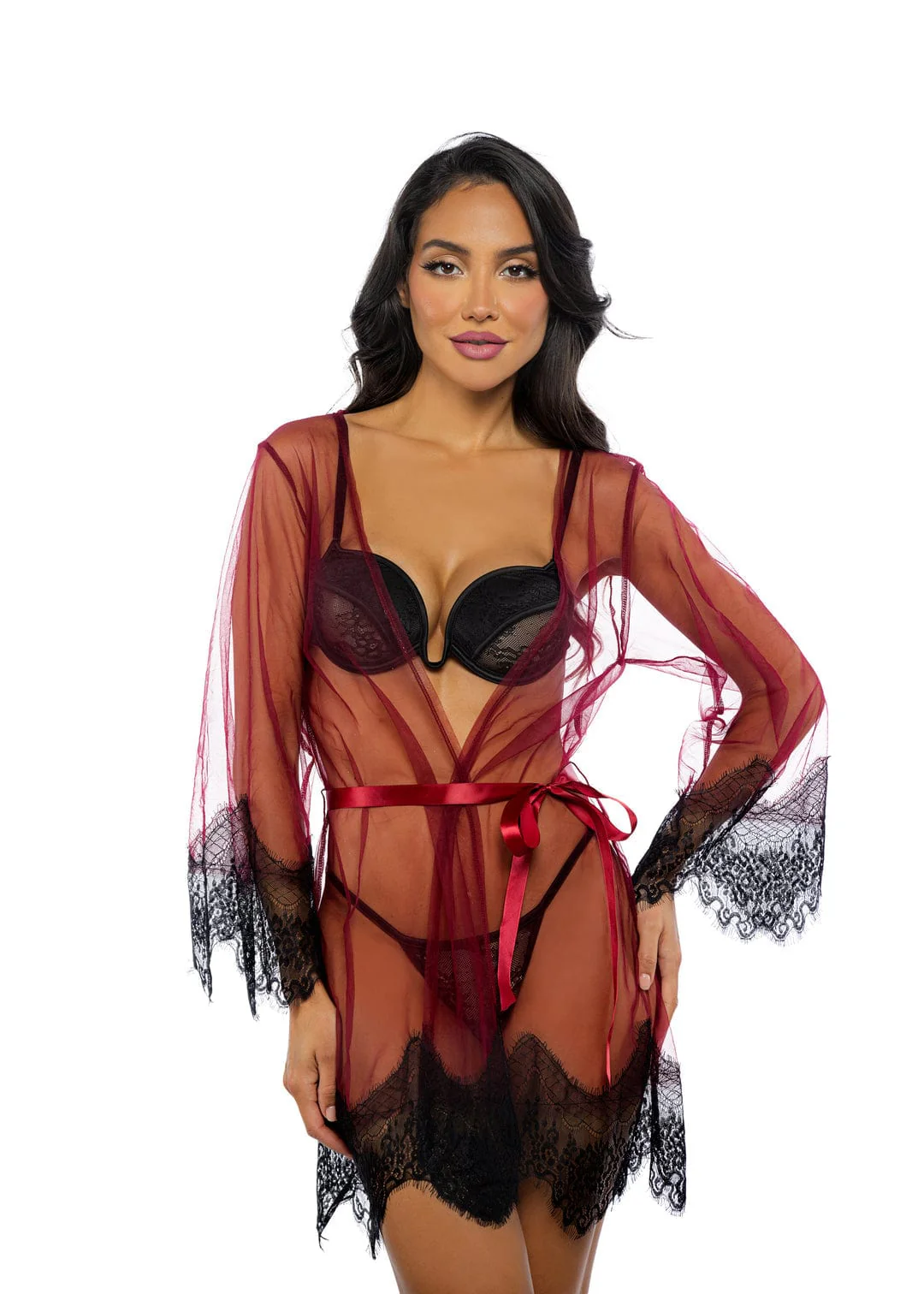 Black Scalloped Eyelash Lace & Mesh Long Sleeve Mini Robe Lingerie