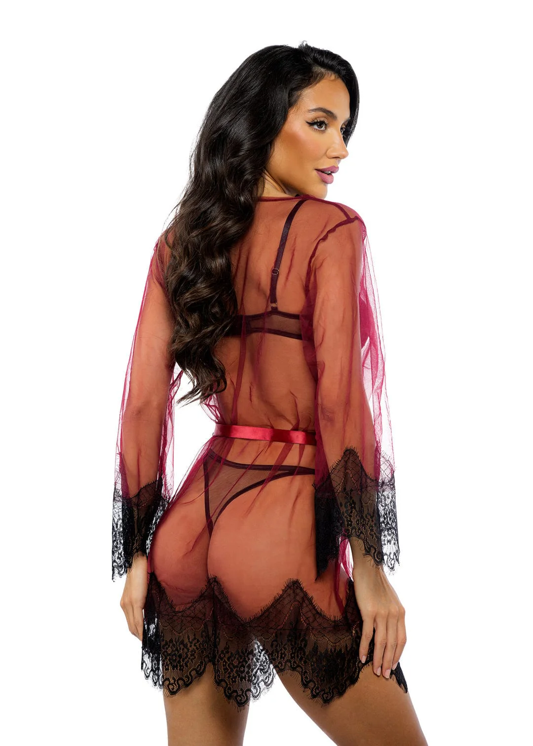 Black Scalloped Eyelash Lace & Mesh Long Sleeve Mini Robe Lingerie - Image 2