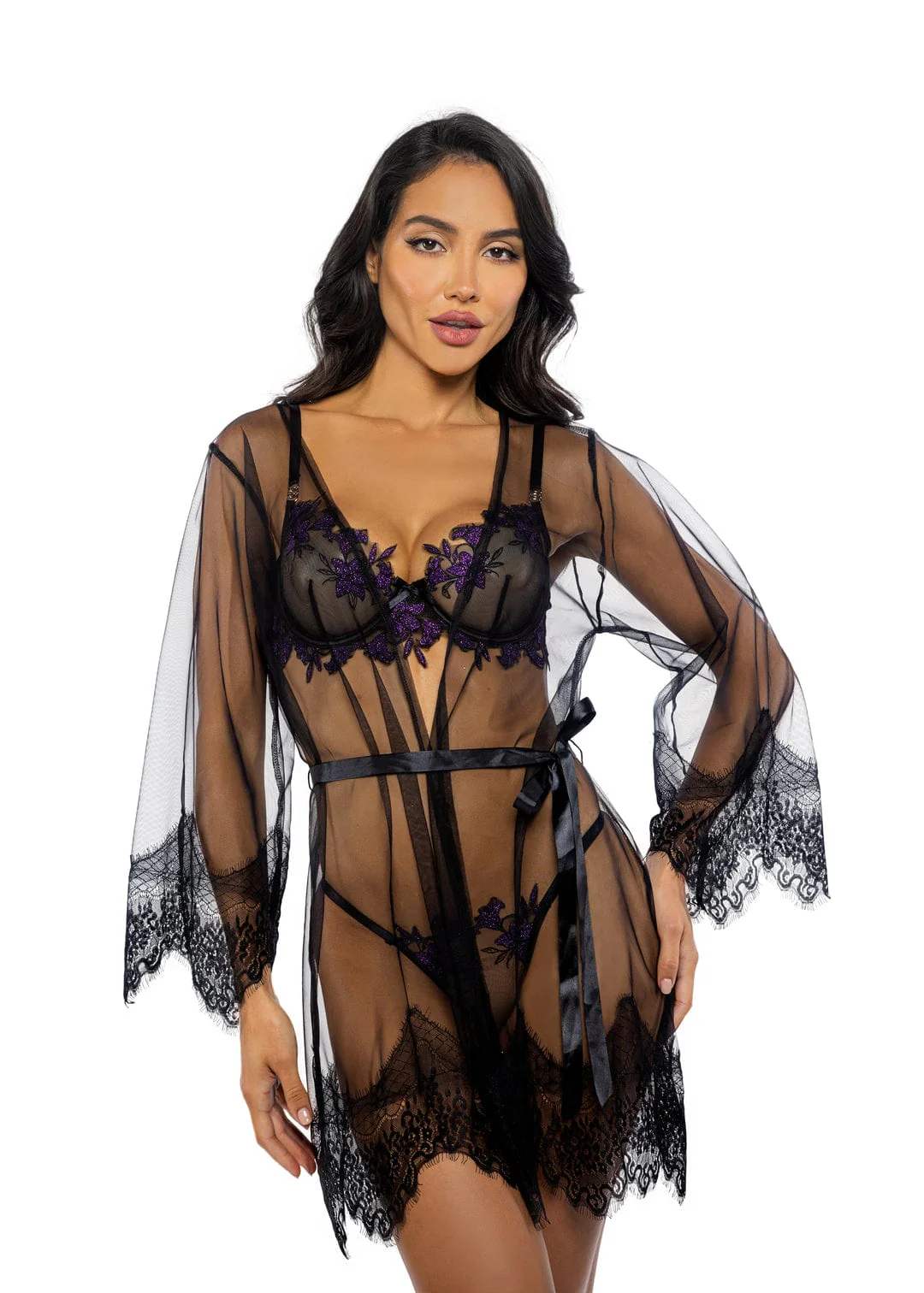 Black Scalloped Eyelash Lace & Mesh Long Sleeve Mini Robe Lingerie - Image 3