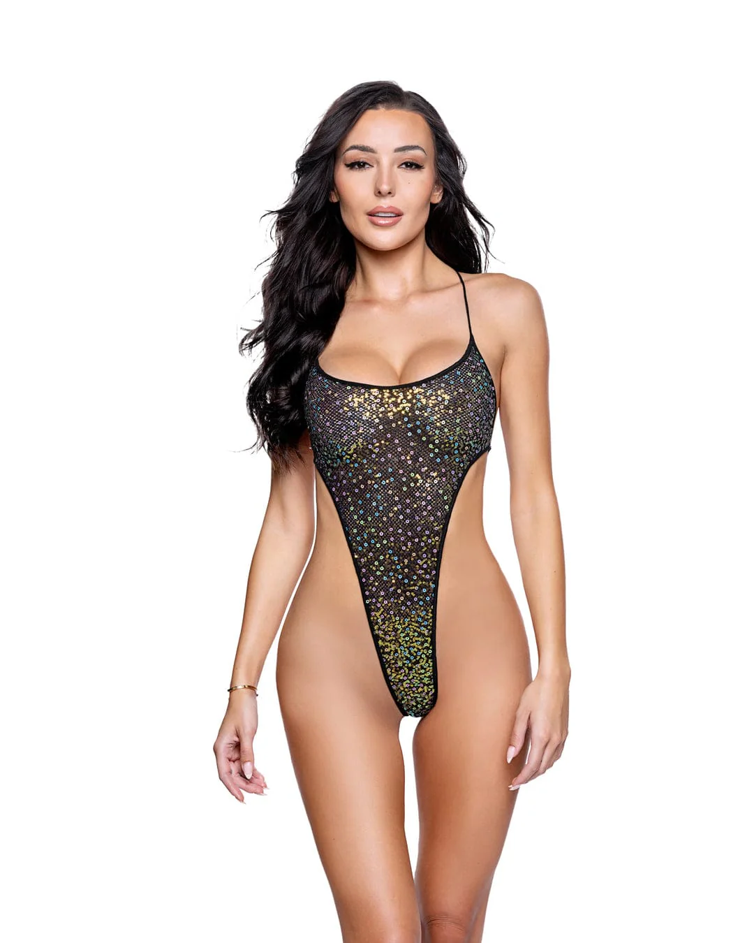 White Sequin Shimmer Fishnet String Extreme High Leg Thong Bodysuit Festival Ravewear - Image 3