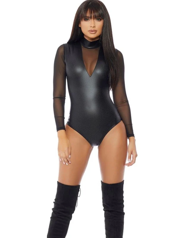 Black Sexy Mock Neck Perforated & Sheer Plunge Bodysuit - Image 4