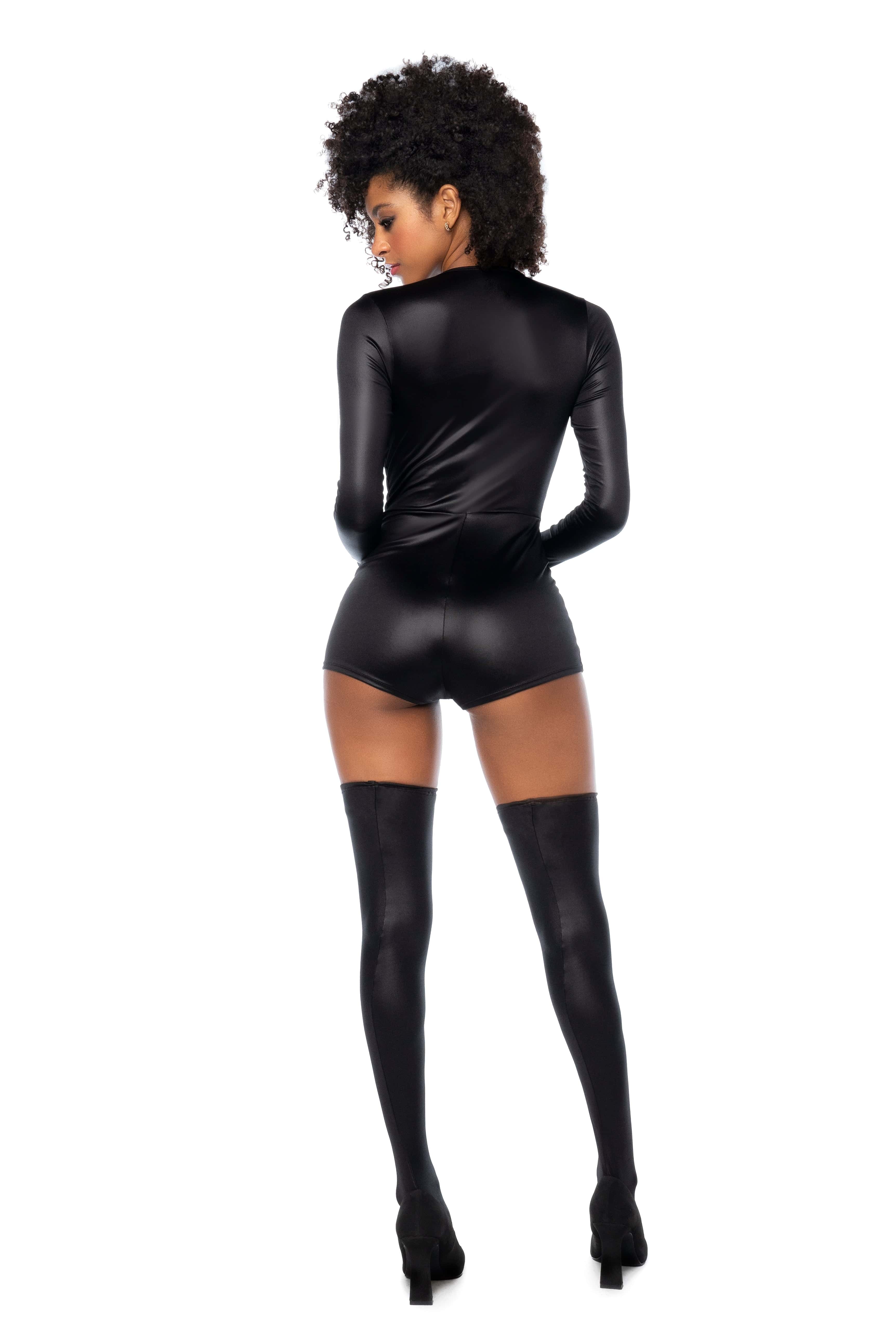 Black SWAT Police Cop Long-sleeved Mini Jumpsuit w/ Handcuffs Costume Lingerie - Image 2