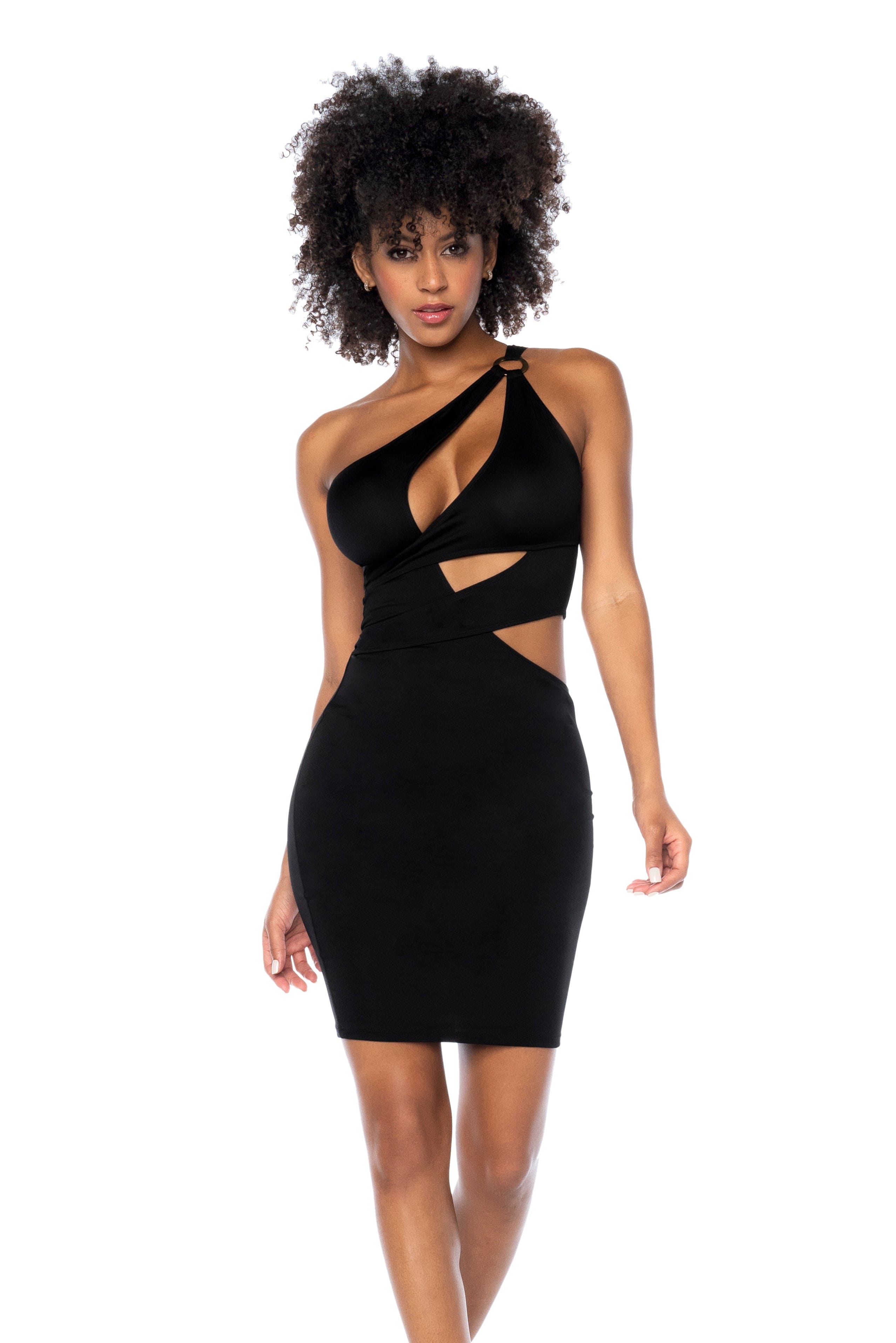 Black Asymmetrical Cut Out One Shoulder & Mesh Back Party Club Mini Dress