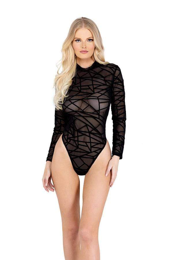 Black Sheer Mesh Flocking Detailed Bodysuit