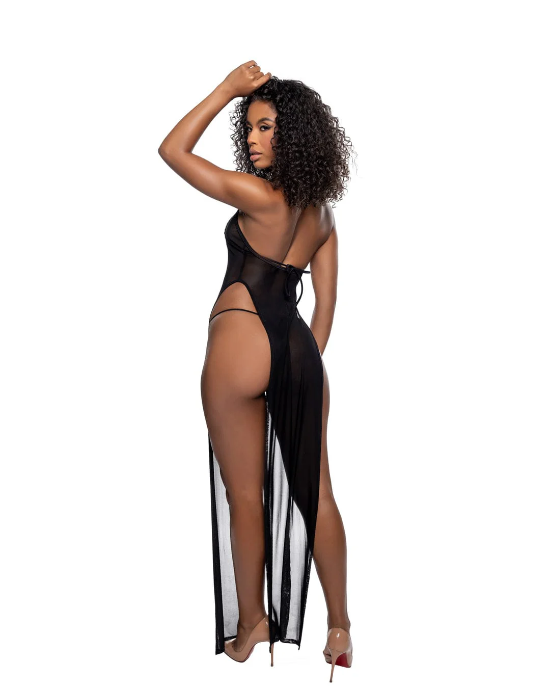 Black Sheer Mesh Halter Maxi Dress w/ High Slits Festival Ravewear - Image 4