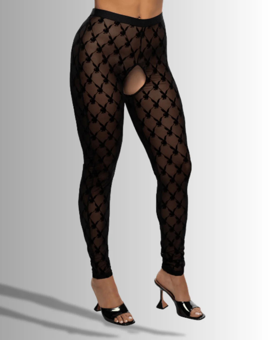 Black Playboy Bunny Burnout Sheer Mesh High-Waisted Keyhole Stockings - Image 2