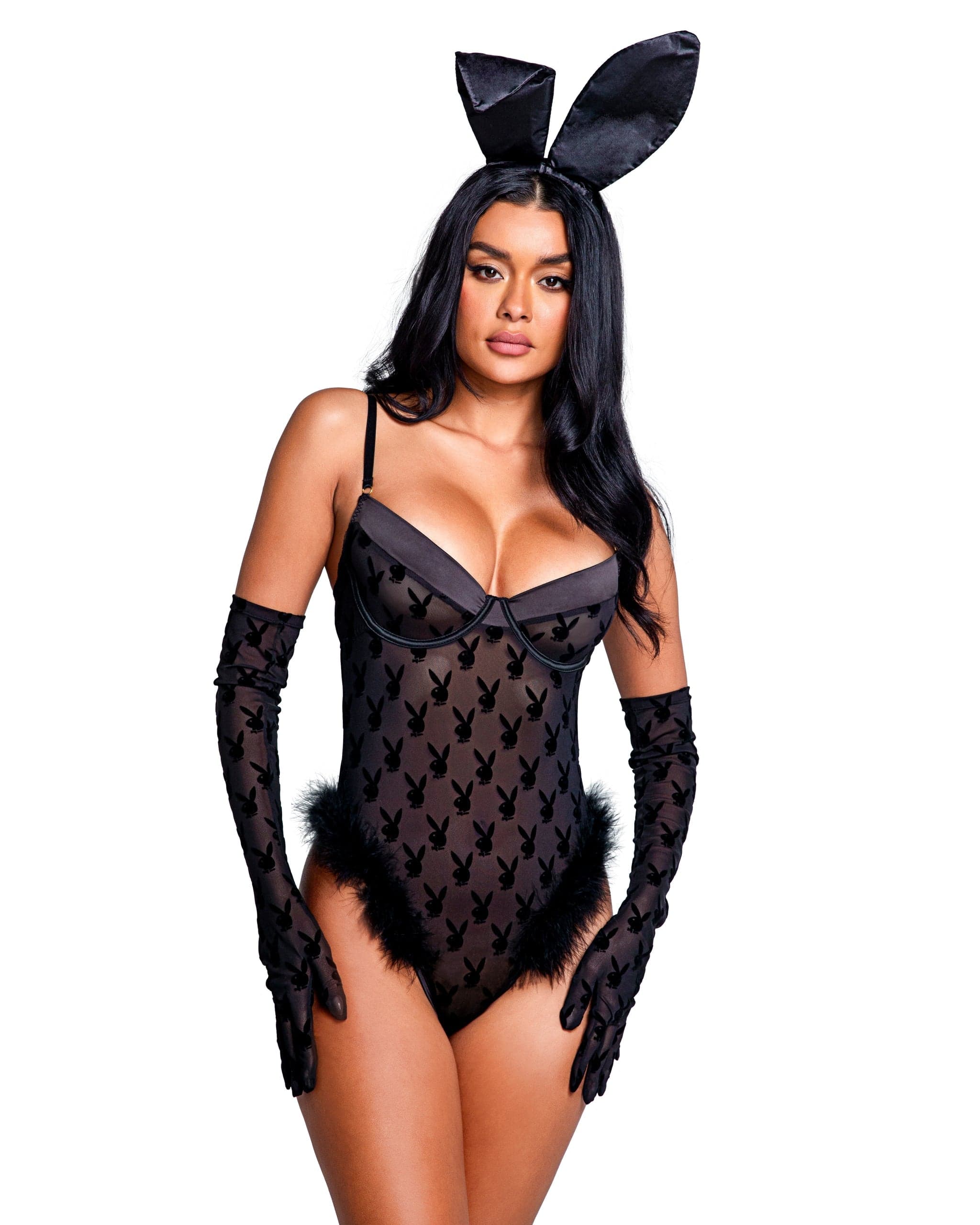 Black Sheer Mesh Playboy Bunny Noir Underwire Teddy (Plus Size Available)