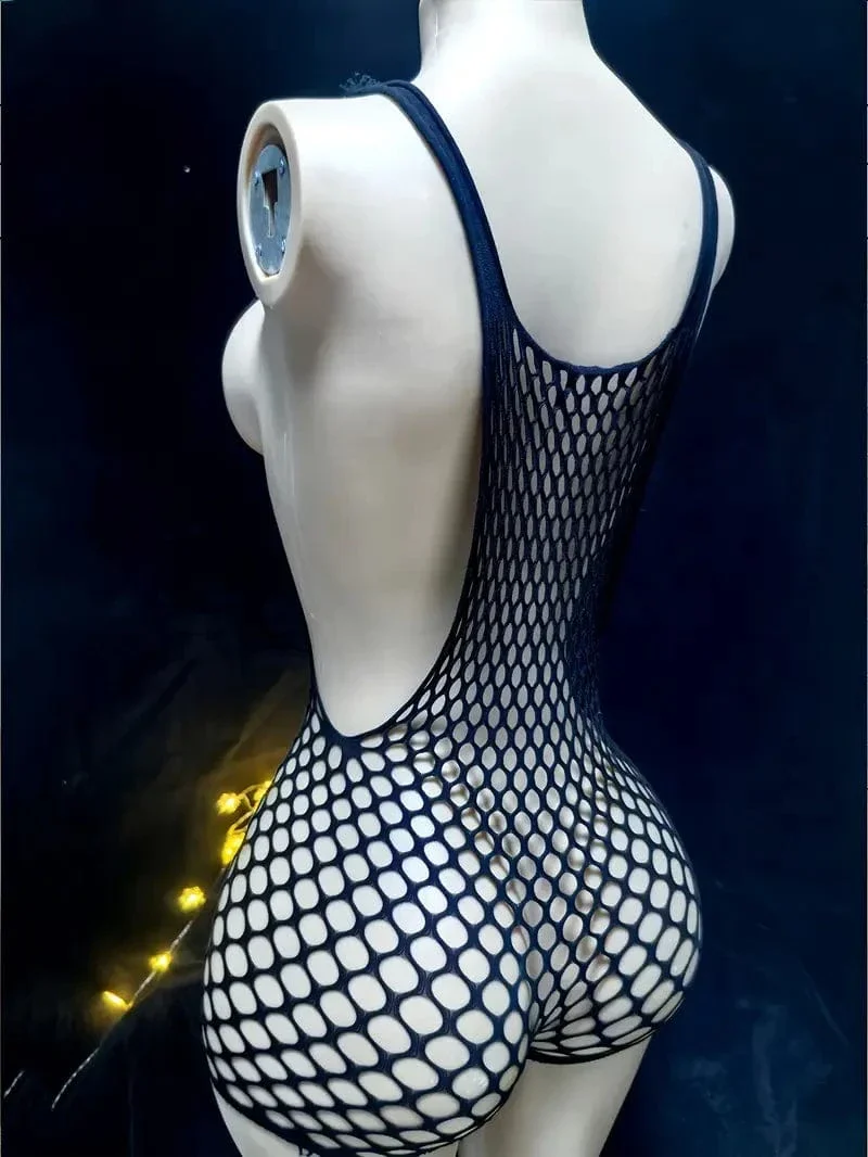 Black Sheer See-Through Fishnet Mesh Romper - Image 2