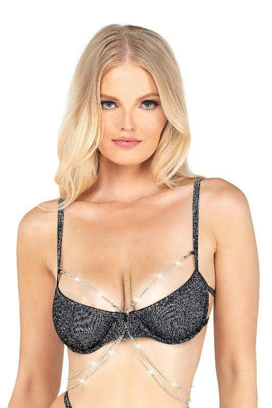 Black Strappy Sparkle Diamond Bra Set - Image 3