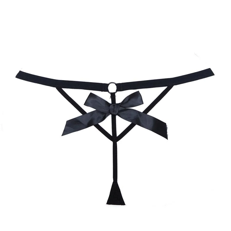 Black Tie Black Mesh Front & Open Back Bow Detail Thong Lingerie - Image 4