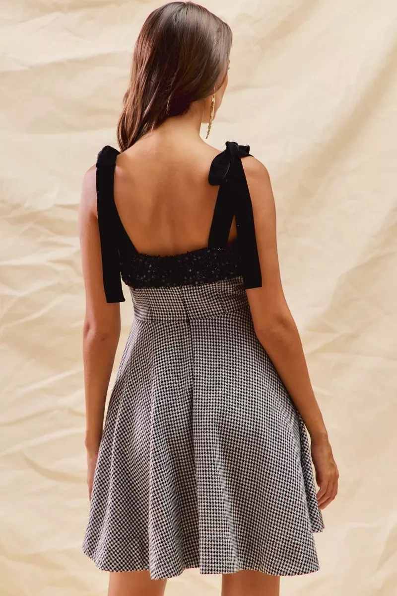 Classic Black & White Houndstooth & Sequin Trim Fit Flare Mini Dress - Image 2
