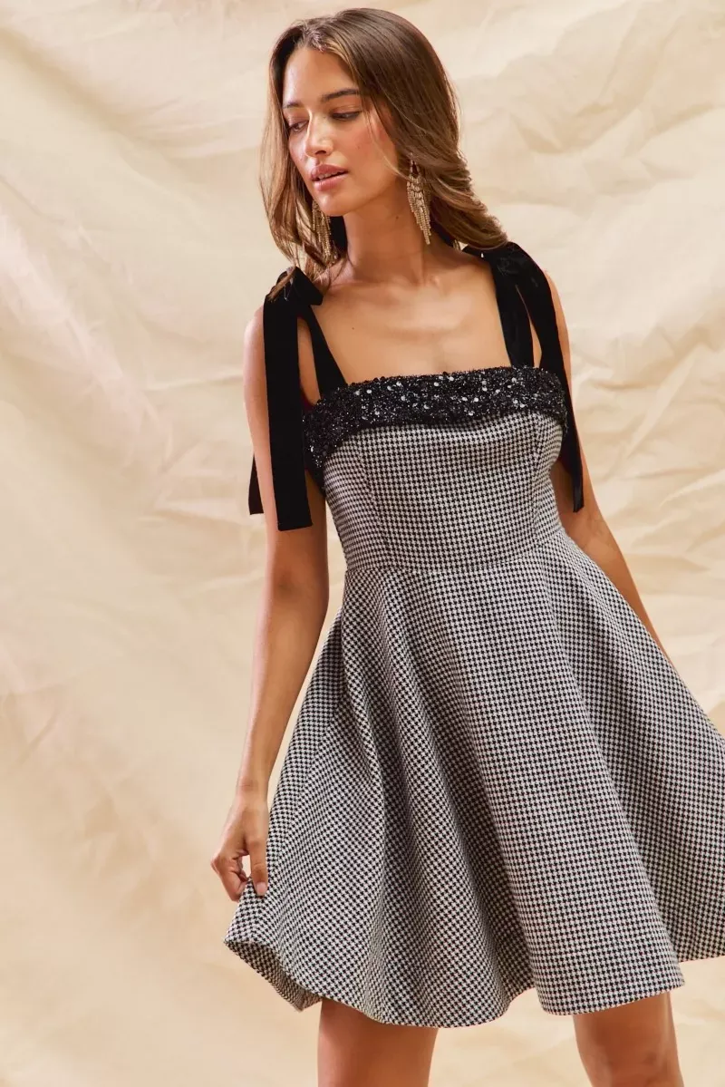 Classic Black & White Houndstooth & Sequin Trim Fit Flare Mini Dress - Image 3