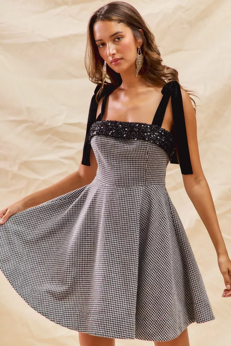 Classic Black & White Houndstooth & Sequin Trim Fit Flare Mini Dress - Image 4