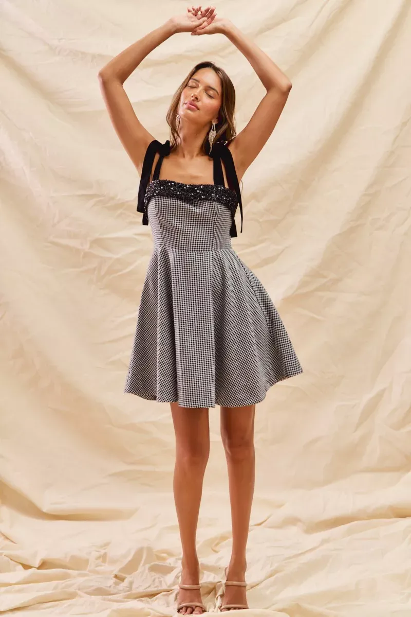 Classic Black & White Houndstooth & Sequin Trim Fit Flare Mini Dress - Image 5