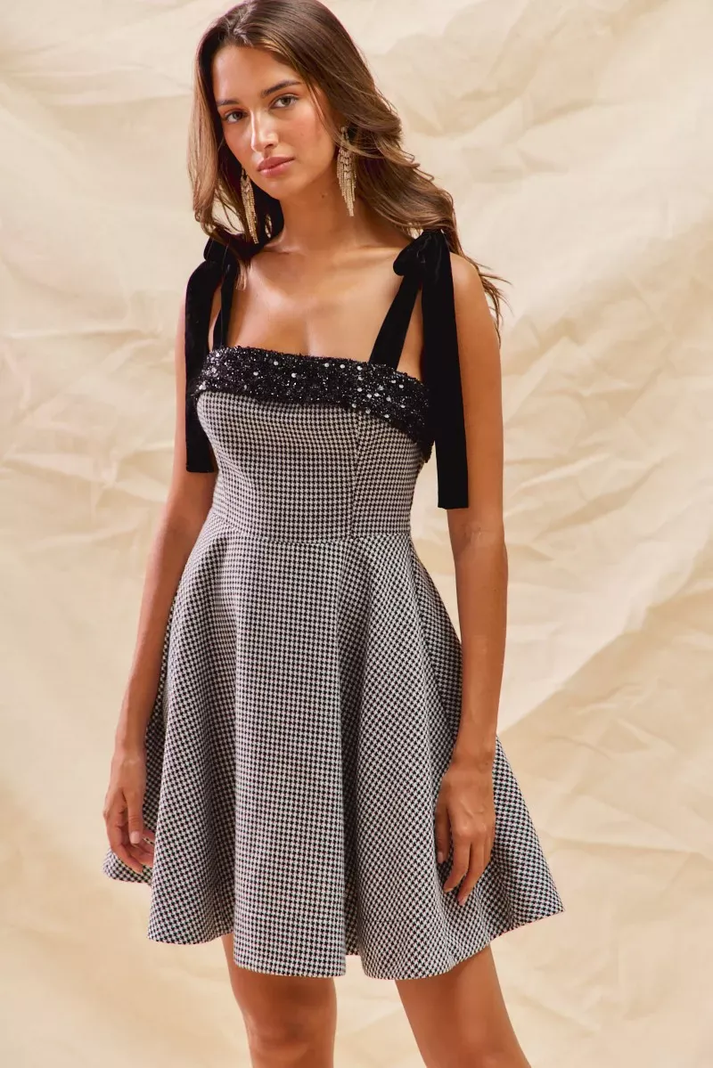 Classic Black & White Houndstooth & Sequin Trim Fit Flare Mini Dress - Image 7
