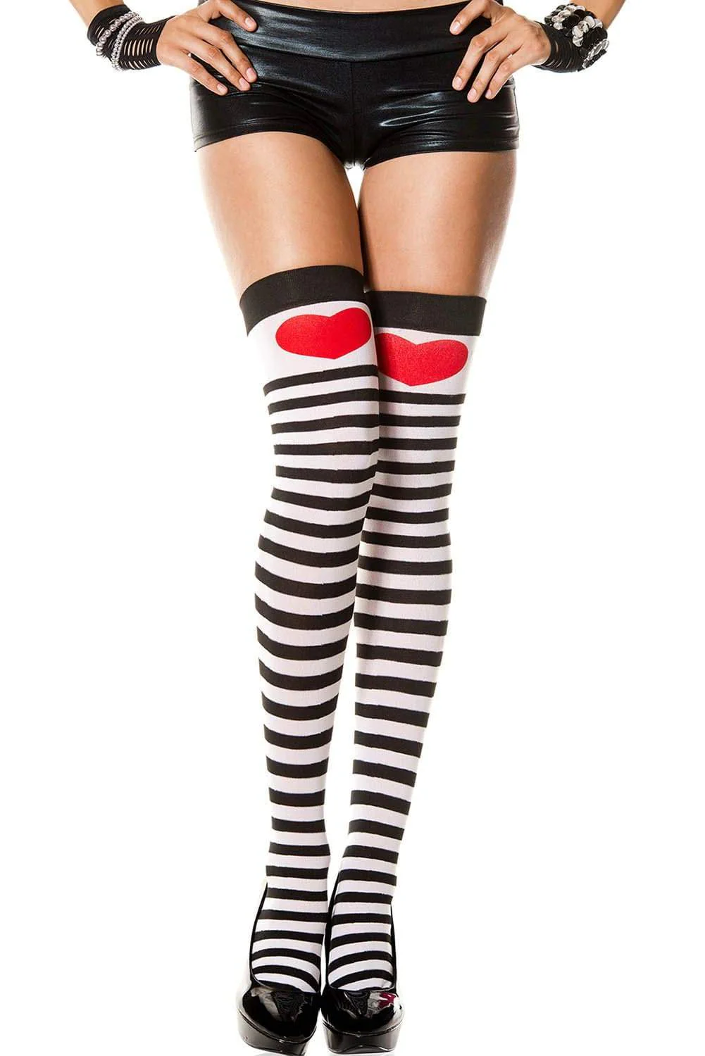 Black & White Stripe w/ Red Heart Thigh High Stockings
