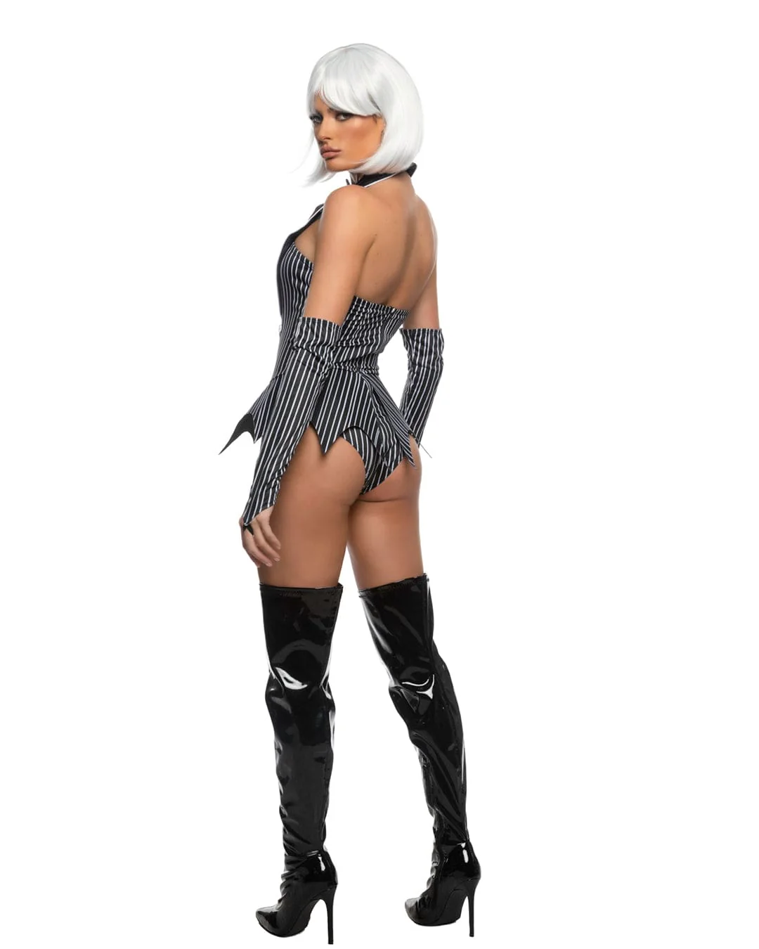Black & White Town Babe Knit Peplum Romper, Gloves & Skull Bowtie Halloween Cosplay Costume - Image 2