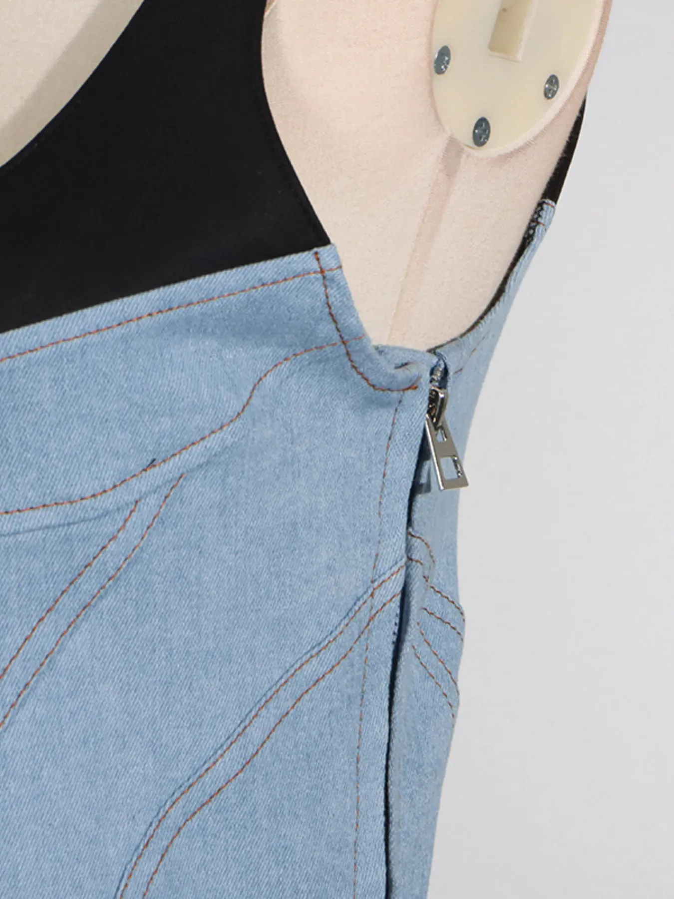 Fitted Blue Jean Contrast Adjustable Strap Denim Dress - Image 10