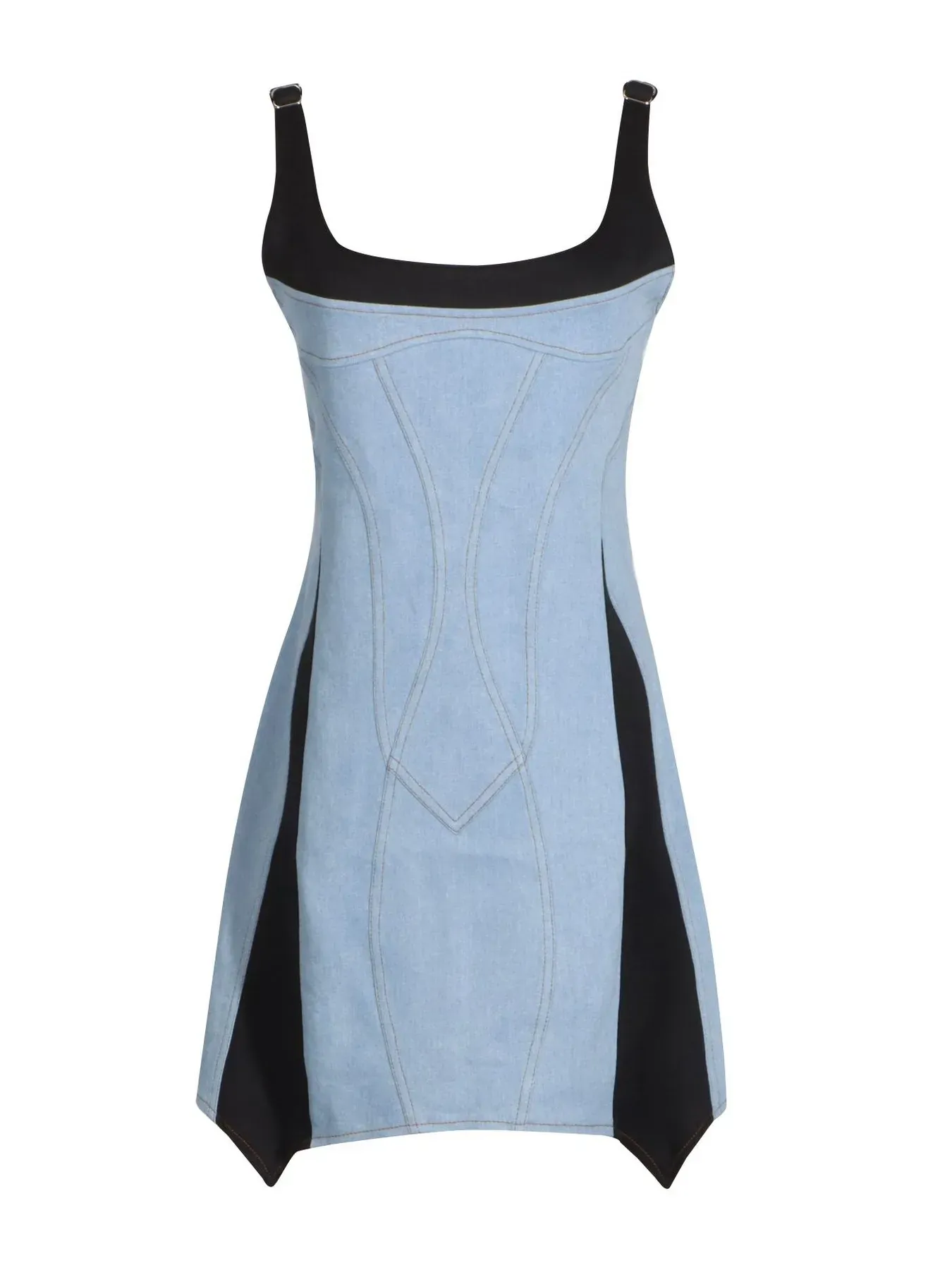 Fitted Blue Jean Contrast Adjustable Strap Denim Dress - Image 3