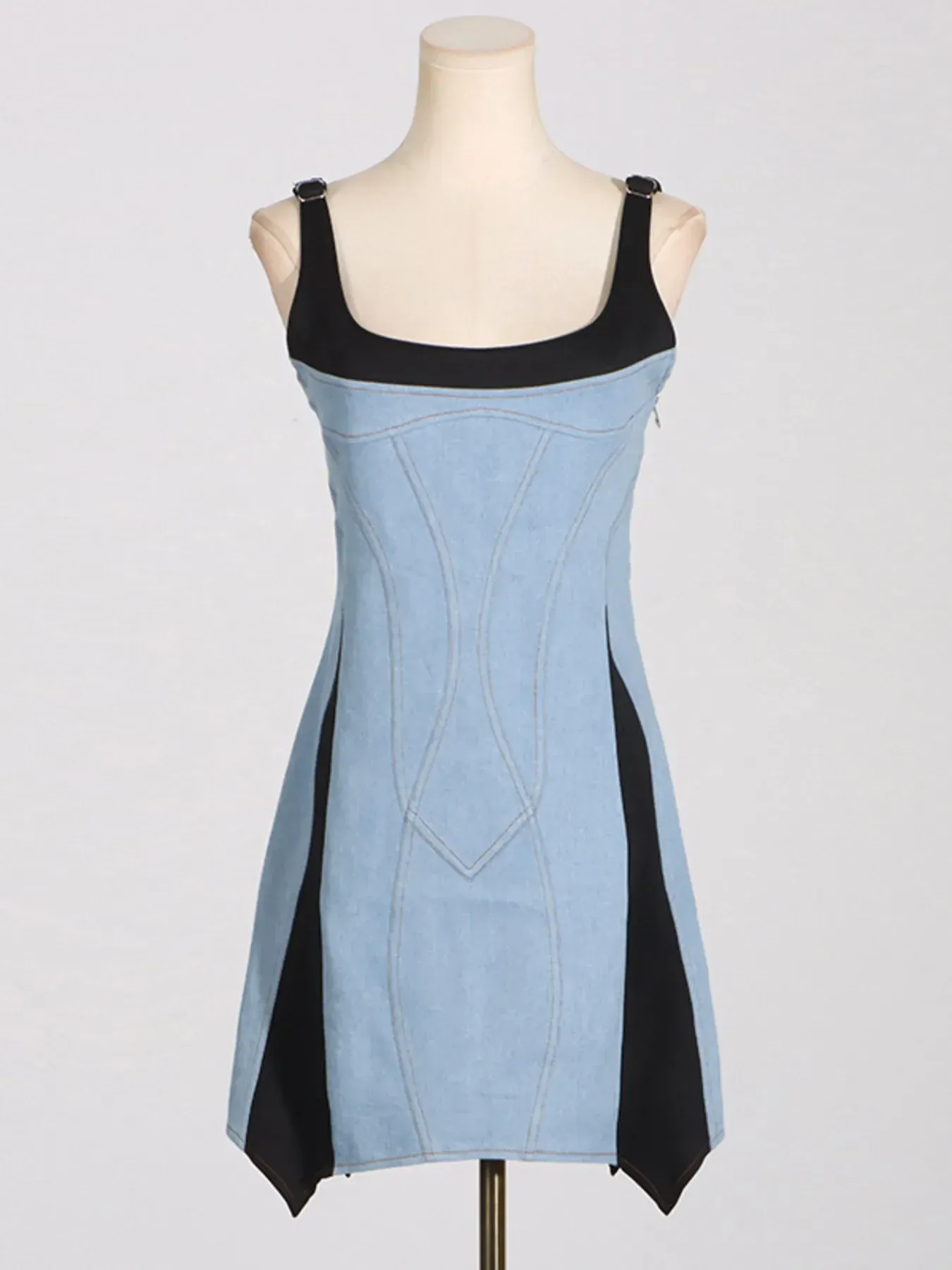 Fitted Blue Jean Contrast Adjustable Strap Denim Dress - Image 4