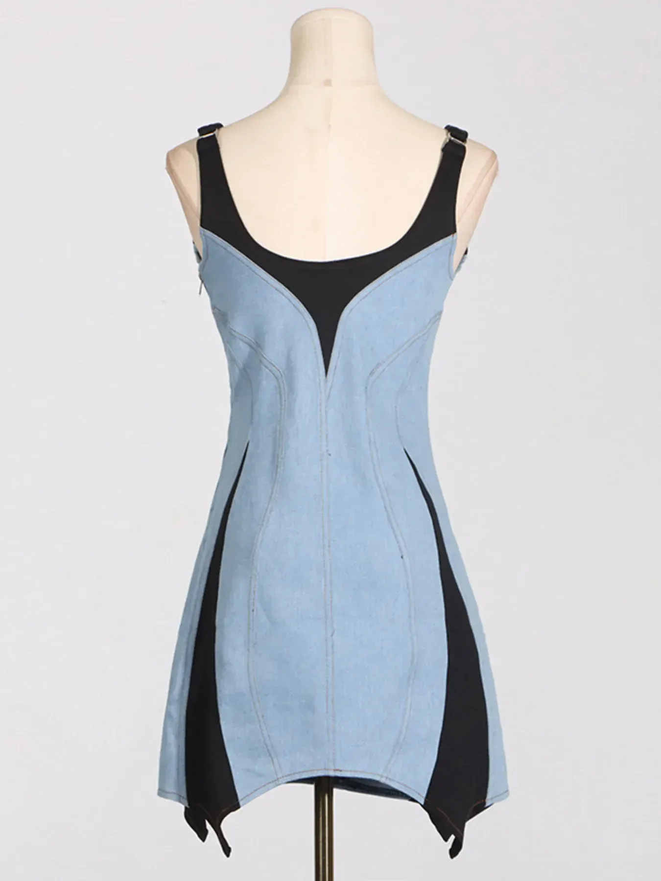 Fitted Blue Jean Contrast Adjustable Strap Denim Dress - Image 6
