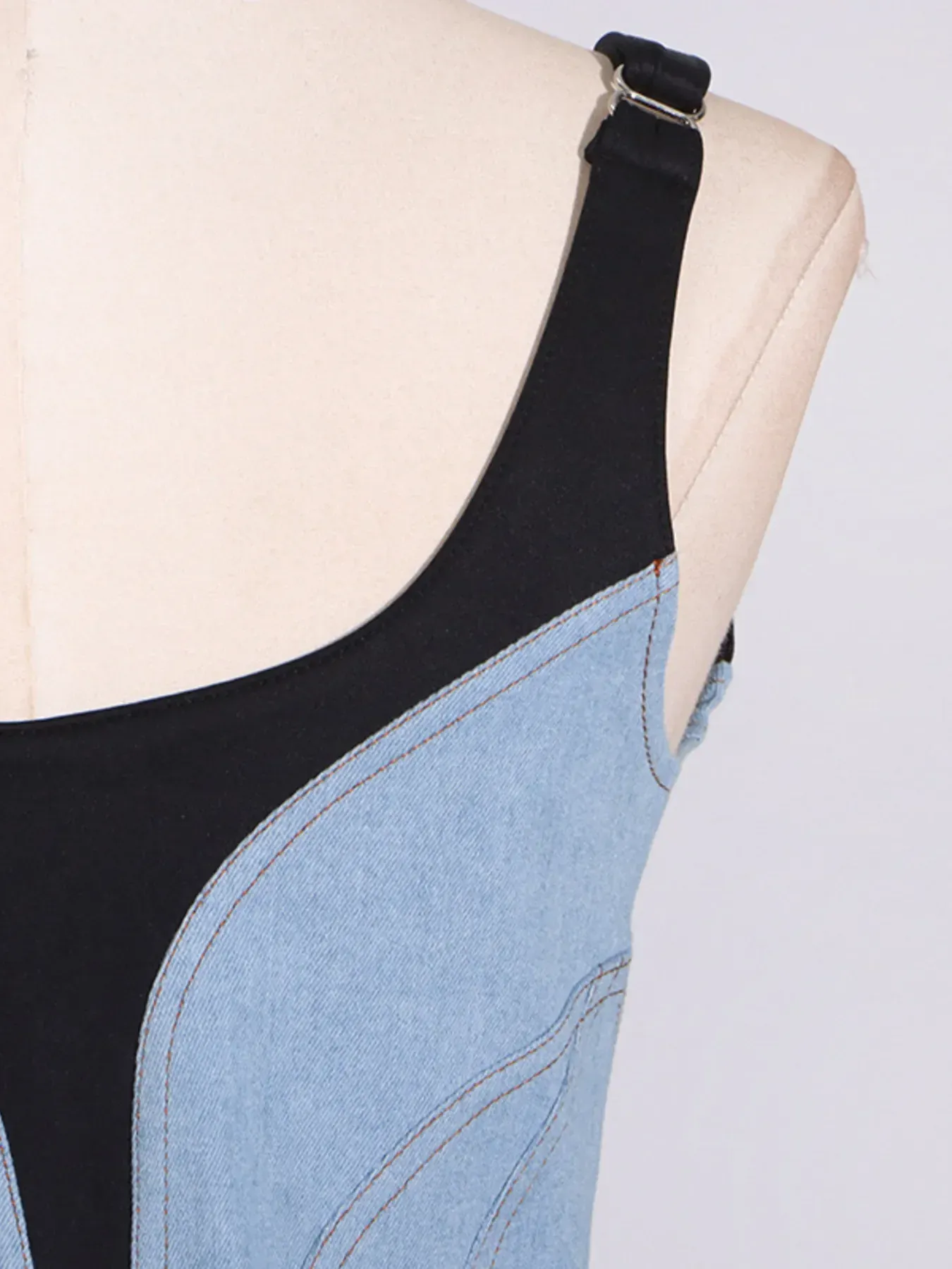 Fitted Blue Jean Contrast Adjustable Strap Denim Dress - Image 8